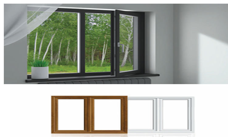 modern uPVC casement window with nature view and multiple frame color choices displayed below