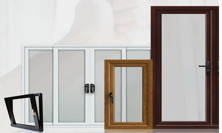 collection of uPVC windows and doors including sliding window, casement window and door in white, wood finish and dark brown frames