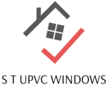 UPVC windows and doors brand logo with home roof and check mark symbol